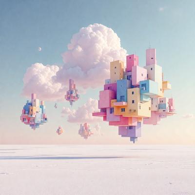 The primary subject of the image is a large, colorful, and intricate structure made of various building blocks. The setting is a white, snowy surface, which creates a contrasting backdrop for the vibrant colors of the structure. The visual style of the image is a combination of digital art and illustration, giving it a unique and creative appearance. The dominant colors in the image are pink, blue, and yellow, which contribute to a cheerful and lively atmosphere.